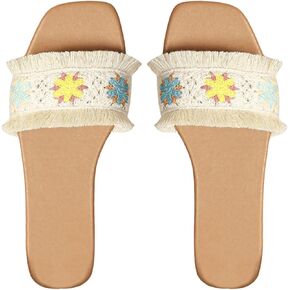 GORGLITTER Women's Floral Braided Flat Sandals Woven Cloth Crochet Slide Sandals Boho Beach Summer Shoes