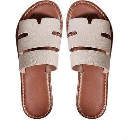 Women's Flat Sandals Dressy Round Open Toe Sandals PU Leather Slip On Slide Sandal Summer Beach