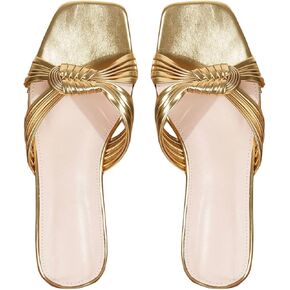 GORGLITTER Women's Metallic Twist Knot Slide Shoes Square Open Toe Dressy Summer Flat Sandals