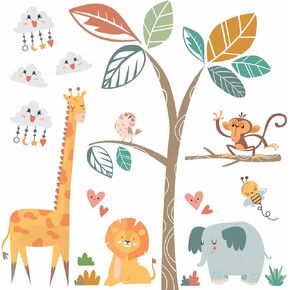 Baby Nursery Decor Large Tree Wall Decals with Adorable Elephant Monkey Giraffe Stickers - Beautiful Boho Design DKX616