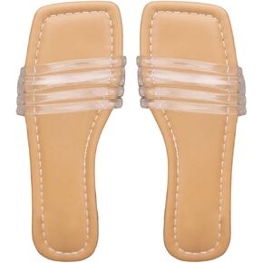 GORGLITTER Women's Clear Strappy Flat Sandals Jelly Strap Square Toe Sandals Beach Summer Slide Shoes