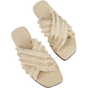 Verdusa Women's Crisscross Fringe Flat Sandals Square Toe Slip On Slides Sandals