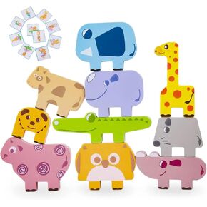 Toddler Toys Wooden Animal Blocks - Sorting & Stacking Montessori Toys for 3 4 Year Old Boys Girls, 10Pcs Wood Blocks with Storage Bag, Kids Educational Puzzle Balance Toys Birthday