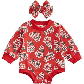 Omkzanbi Baby Girl Christmas Outfit Christmas Cake Bubble Rompers Coquette Bow Bodysuit Headband Cute 2Pcs Toddler Xmas Gift