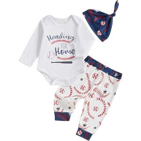 Chloefairy Newborn Baby Boy Clothes Baseball Going Home Outfit Heading for Home Romper Baseball Pants Set Hat 3Pcs