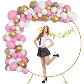 7.2Ft Round Backdrop Stand Circle Balloon Arch Frame Kit for Wedding Flower Ring Party Background Decoration (Pink/White)
