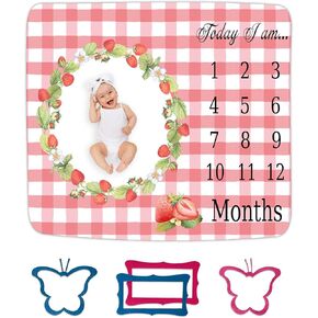 Strawberry Wreath Milestone Blanket Pink Plaid Baby Blanket Plant Personalized Swaddling Blanket Outdoor Crawling Mat 48x48in BTMYFH84