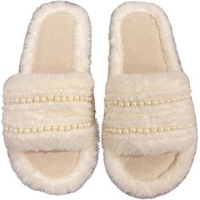 Verdusa Women's Fuzzy Faux Pearl Slip on Flat Sandals Open Toe Summer Sandal Slides