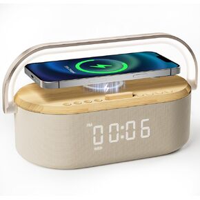 6 in 1 Sound Machine with Alarm Clock for Bedrooms, Portable Speaker, Touch Night Lamp,10W Fast Wireless Charger,13 Sleep Sounds,White Noise Machine for Sleeping, Ideal for Gift