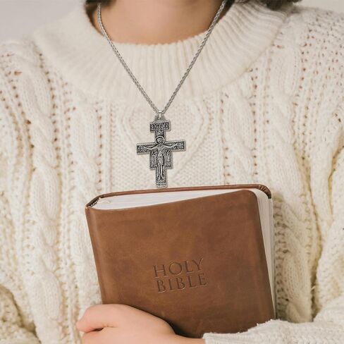 RechicGu Vintage Saint St Francis of Assisi 3.3in Tau San Damiano Cross Necklace Catholic Crucifix Gift in Kuwait