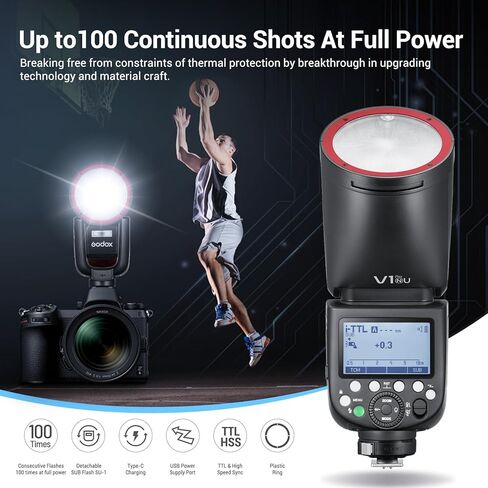 Godox V1Pro-N USA Version Camera Flash Speedlite V1Pro-NU for Nikon, with Detachable Sub Flash, USB-C Charge Battery, 2.4G Wireless HSS TTL Flash for Nikon Z9 Z8 Z7II Z6 ZFC D850 D810 D750 D610 D7100 in Kuwait