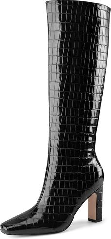 Knee High Boots Women Black Long Boots Slip on Tall Boots Chunky High Heel Square Toe Crocodile Pattern Leather Boots with Side Zipper for Ladies Sexy in Kuwait
