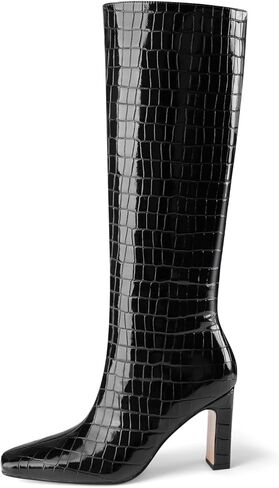 Knee High Boots Women Black Long Boots Slip on Tall Boots Chunky High Heel Square Toe Crocodile Pattern Leather Boots with Side Zipper for Ladies Sexy in Kuwait