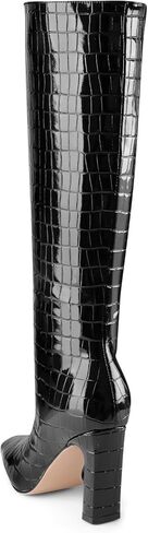 Knee High Boots Women Black Long Boots Slip on Tall Boots Chunky High Heel Square Toe Crocodile Pattern Leather Boots with Side Zipper for Ladies Sexy in Kuwait