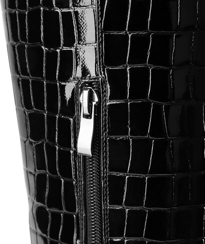 Knee High Boots Women Black Long Boots Slip on Tall Boots Chunky High Heel Square Toe Crocodile Pattern Leather Boots with Side Zipper for Ladies Sexy in Kuwait