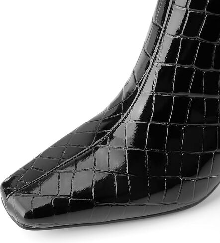 Knee High Boots Women Black Long Boots Slip on Tall Boots Chunky High Heel Square Toe Crocodile Pattern Leather Boots with Side Zipper for Ladies Sexy in Kuwait