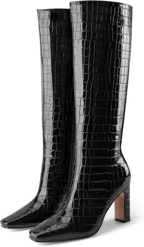 Knee High Boots Women Black Long Boots Slip on Tall Boots Chunky High Heel Square Toe Crocodile Pattern Leather Boots with Side Zipper for Ladies Sexy in Kuwait