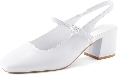 Women's Slingback Heels Low Chunky Heel Buckle Strap Pumps Square Toe Wedding Dress Shoes in Saudi Arabia
