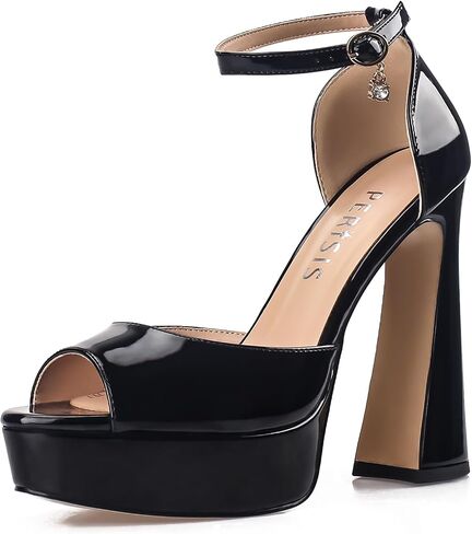 Black Ankle Strap Heels Open Peep Toe Chunky High Heel Platform Sandals with Single Strap Buckle and Rhinestone for Women Ladies Sexy 5 Inch in Saudi Arabia