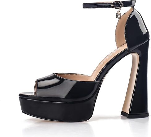 Black Ankle Strap Heels Open Peep Toe Chunky High Heel Platform Sandals with Single Strap Buckle and Rhinestone for Women Ladies Sexy 5 Inch in Saudi Arabia