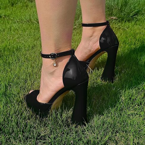 Black Ankle Strap Heels Open Peep Toe Chunky High Heel Platform Sandals with Single Strap Buckle and Rhinestone for Women Ladies Sexy 5 Inch in Saudi Arabia