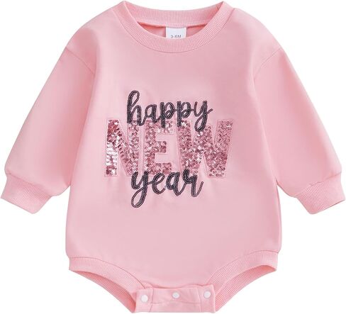 Lamuusaa Newborn Baby Girl New Year Outfit Happy New Year Letter Sequin Embroidery Romper Long Sleeve Bodysuit Winter Clothes in Saudi Arabia
