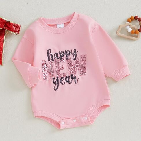 Lamuusaa Newborn Baby Girl New Year Outfit Happy New Year Letter Sequin Embroidery Romper Long Sleeve Bodysuit Winter Clothes in Saudi Arabia