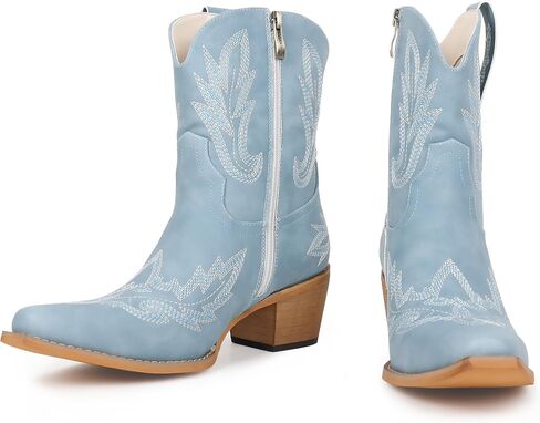 Western Cowgirl Ankle Boot for Women with Embroidered Comfort Fashion Short Boots Pointed Toe Cowgirl Short Booties Side Zipper in Kuwait