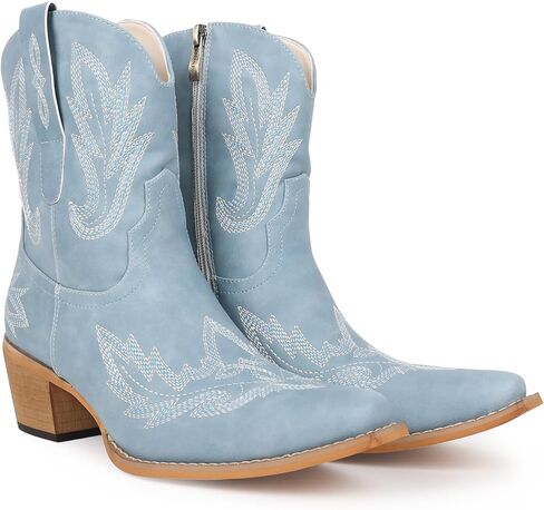Western Cowgirl Ankle Boot for Women with Embroidered Comfort Fashion Short Boots Pointed Toe Cowgirl Short Booties Side Zipper in Kuwait