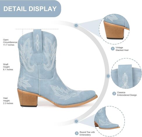 Western Cowgirl Ankle Boot for Women with Embroidered Comfort Fashion Short Boots Pointed Toe Cowgirl Short Booties Side Zipper in Kuwait