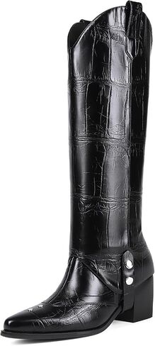 Women's Knee High Boots Pointed Toe Chunky Mid Heel Western Cowboy Boots For Women Wide Calf Riding Boot in Saudi Arabia