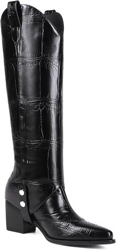 Women's Knee High Boots Pointed Toe Chunky Mid Heel Western Cowboy Boots For Women Wide Calf Riding Boot in Saudi Arabia