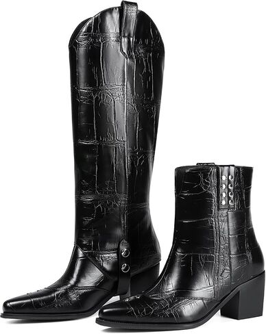 Women's Knee High Boots Pointed Toe Chunky Mid Heel Western Cowboy Boots For Women Wide Calf Riding Boot in Saudi Arabia