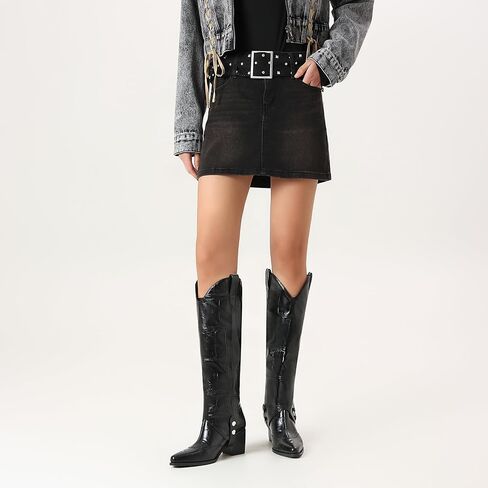 Women's Knee High Boots Pointed Toe Chunky Mid Heel Western Cowboy Boots For Women Wide Calf Riding Boot in Saudi Arabia
