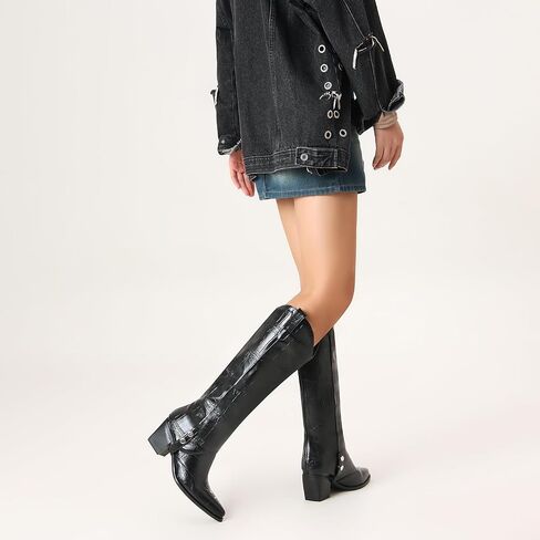 Women's Knee High Boots Pointed Toe Chunky Mid Heel Western Cowboy Boots For Women Wide Calf Riding Boot in Saudi Arabia