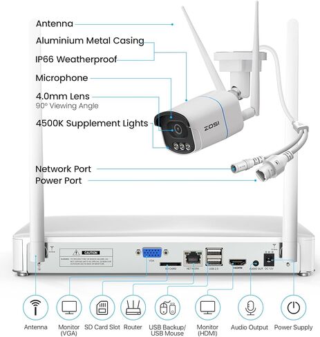 Zosi 4K WiFi 6 Camera Camera System ، 4pcs 4K 4K Outdoor Indoor Clipas ، Aurora Lux Vision Full Color Coll Confect in Kuwait