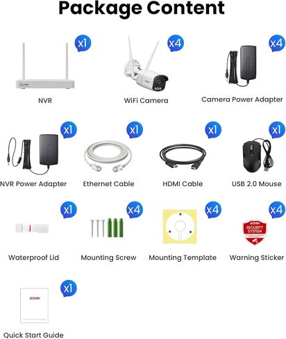 Zosi 4K WiFi 6 Camera Camera System ، 4pcs 4K 4K Outdoor Indoor Clipas ، Aurora Lux Vision Full Color Coll Confect in Kuwait