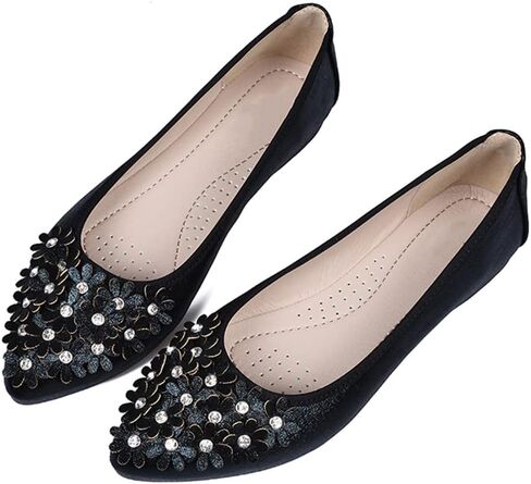 Hee grand Women Foldable Ballet Flats Bling Rhinestones Soft Leather Pointy Toe Flats Sparkle Wedding Dress Shoes Comfort Slip on Loafers Big Size in Kuwait