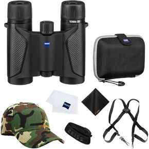 Zeiss 8x25 Terra ED Compact Binoculars For Bird Watching (Black) with Waith Binocular Comfort Carrying Harness Strap, Adjustable Camo Baseball Hat and Waith Microfiber Lens Cleaning Cloth (Bundle Set)