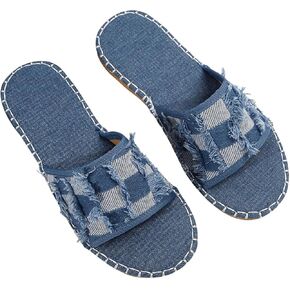 GORGLITTER Women's Denim Sandals Plaid Jean Flat Sandals Round Toe Casual Slide Sandals