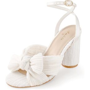 Ankis White Gold Bow Heel Chunky Wedding Shoes for Bride 3.15 Inch High Heel Open Toe Ankle Buckle Strap Dressy Pleated Kont Women Shoe Party Graduation Event Summer