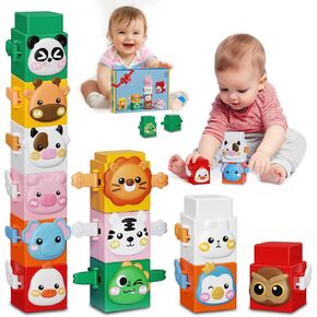 12 PCS Stacking Toys Set for Toddlers 1 2 3 4 Years Old Boys Girls Preschool Sensory Block Toys Pressable Animals Stacking Blocks with Cute Expressions Fun Christmas Birthday Gifts for Kids Ages 1+
