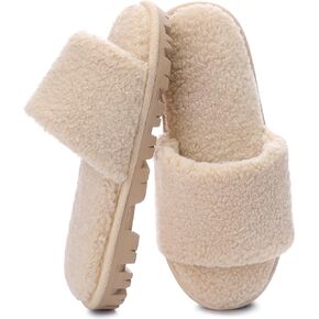 MIXIN Women's Open Toe Slippers Indoor Warm Fuzzy Fur Lining Soft Anti-Slip House Shoes