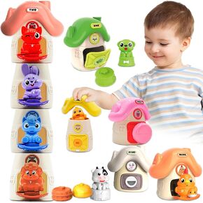 Montessori Learning Toys for Toddlers 1 2 3 Years Old, Farm Animals and Stacking Barn Set for Baby Boy Girl Birthday, Number Matching, Shape Sorting and Fine Motor Skills Games