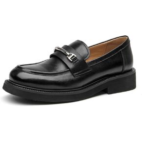 BEAU TODAY Leather Loafers Women, Slip On Penny Loafers for Women Casual Shoes, Chunky Platform Comfortable Business Office Ladies Dress Shoes with Metal Buckle Black US 8
