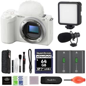 Sony ZV-E10 II Mirrorless Camera White Bundle with Extra Battery, Connect LED Light, Mini Directional Microphone & Additional Accessories | zve10 ii