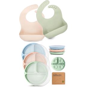 KeaBabies 2-Pack Baby Silicone Bibs and 3-Pack Suction Plates with Lids for Baby - Waterproof, Easy Wipe Silicone Bib for Babies, Toddlers - 100% Silicone Suction Plates for Baby, Kids, Toddler Plates