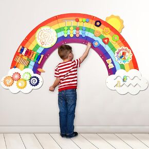 5FT Large Sunshine Rainbow Wooden Activity Wall Panel for Toddler Educational Montessori Toy for Kids Interactive Sensory Toys Sensory Activity Busy Board Daycare Learning Center Toddler Room Decor