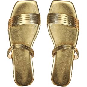 Women's Metallic Flat Sandals Dressy Square Open Toe Double Band Summer Slide Shoes Beach