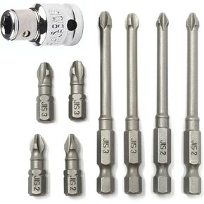 RW 0059-004/007 JIS (Japanese Industrial Standard) (8) Screwdriver Impact Bits + 3/8 Inch Socket Adapter #2#3 Standard & Long 1/4 Inch